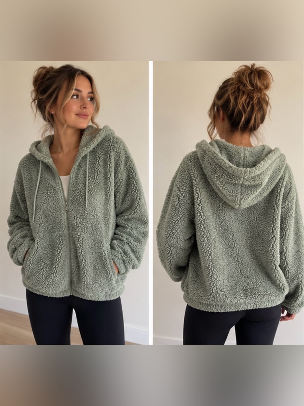 Sage Green Sherpa Zip-Up Hoodie